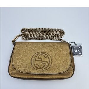 Authentic Gucci Metallic Gold Soho Chain Flap Bag Shoulder Crossbody